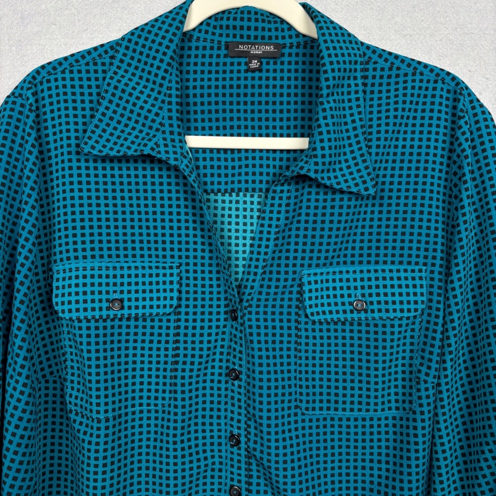 Notations Shirt Womens 2X Button Up Geometric Grid Roll Tab Sleeve Pockets